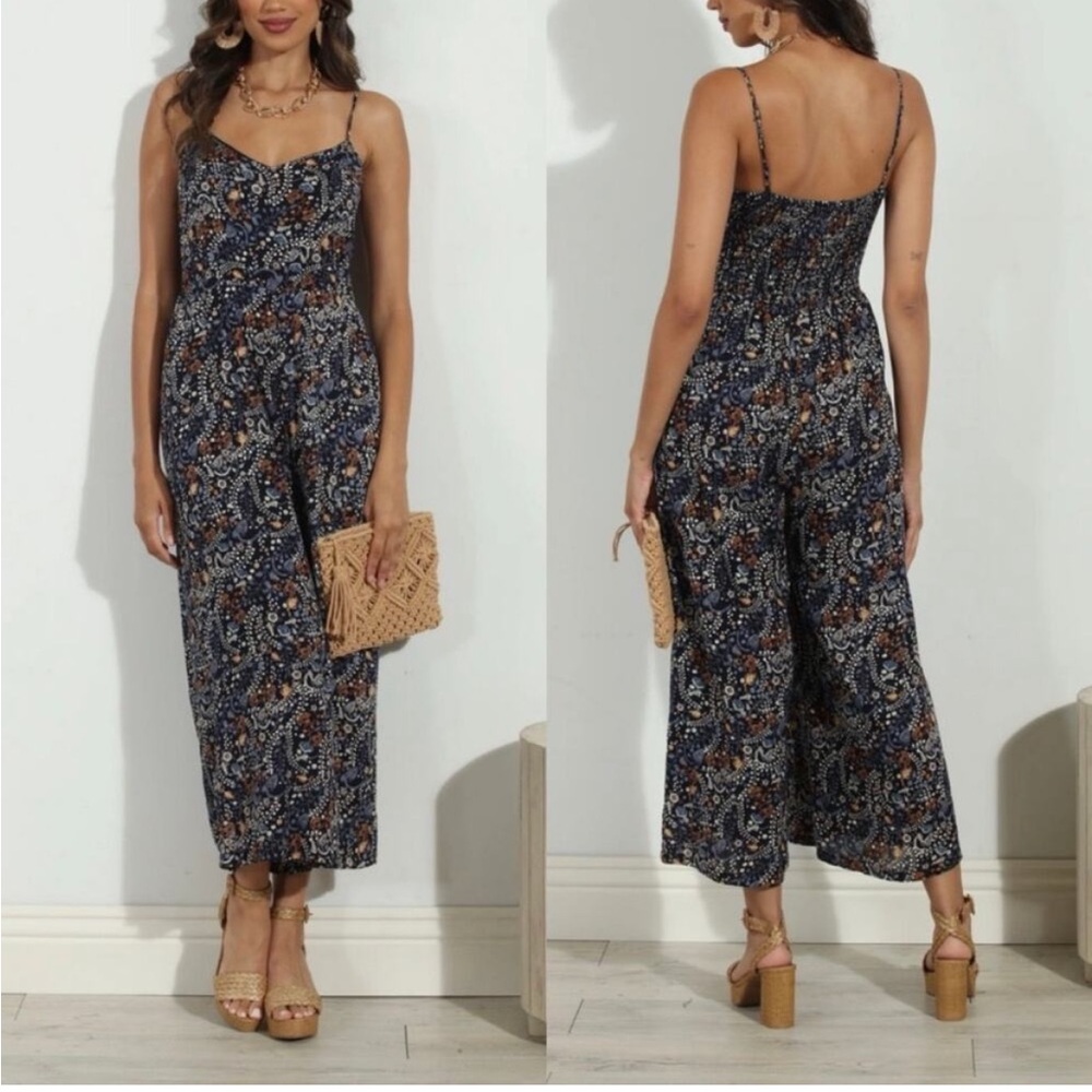 Roan & Ryan Evereve Floral Elaine Wide Leg Crop V-Neck Jumpsuit Pockets S